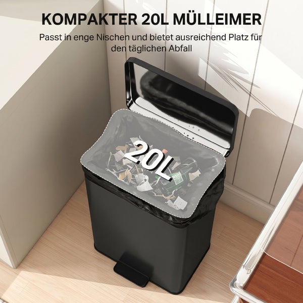 Kompakter Mülleimer mit 20 Liter Fassungsvermögen und Pedalöffnung für den täglichen Gebrauch im Haushalt.