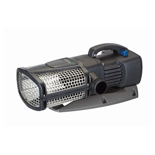 Oase Teichpumpe und Filterpumpe mit Tragegriff und Filtergehäuse aus Metallgitter.