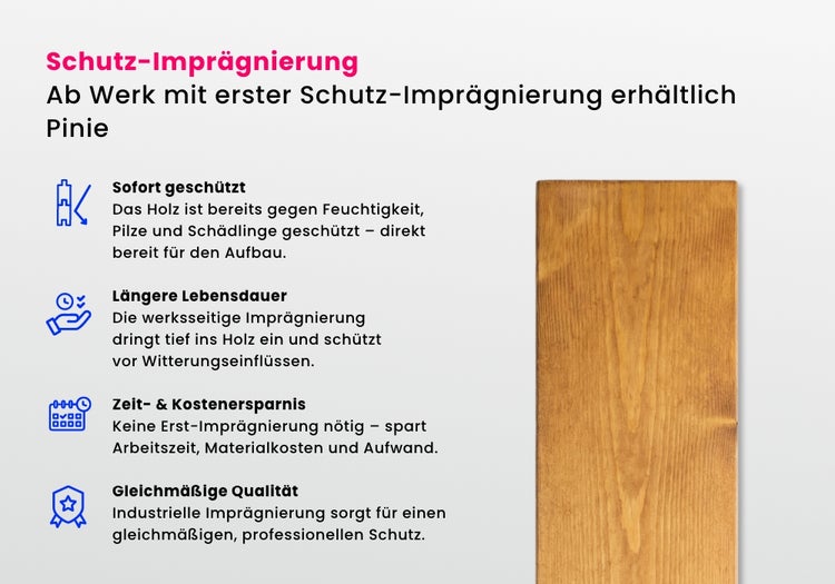 Schutzimprägnierung von Kiefernholz mit den Vorteilen: sofortiger Schutz, längere Lebensdauer, Zeit- und Kostenersparnis, gleichmäßige Qualität