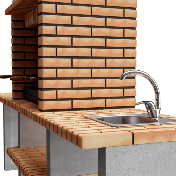 Gartengrillkamin aus Ziegelstein mit integriertem Spülbecken und Wasserhahn für die Außenküche.