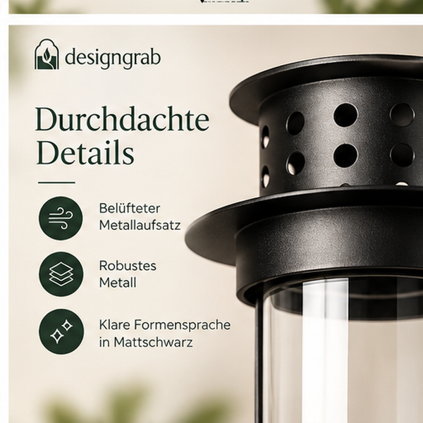 Designgrab Metall-Laterne mit belüftetem Aufsatz, robustem Metallgehäuse und klarem Design.