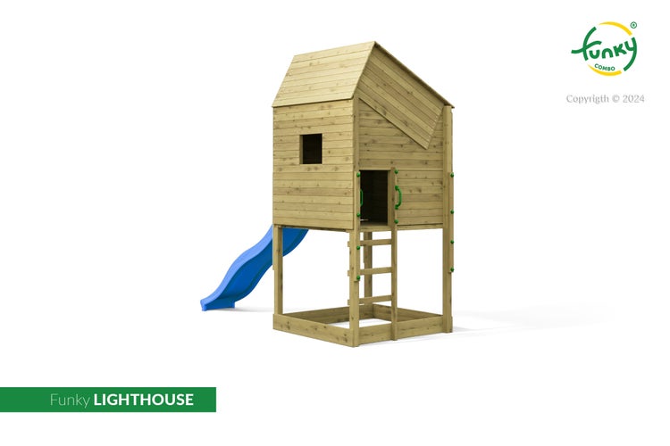 Spielturm Funky LIGHTHOUSE aus Holz mit blauer Rutsche, Leiter und integriertem Sandkasten.
