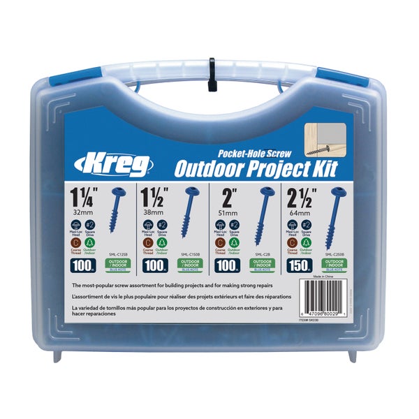 Kreg Outdoor Project Kit mit 450 Taschenlochschrauben in den Groessen 32 Millimeter bis 64 Millimeter in einem blauen Transportkoffer.