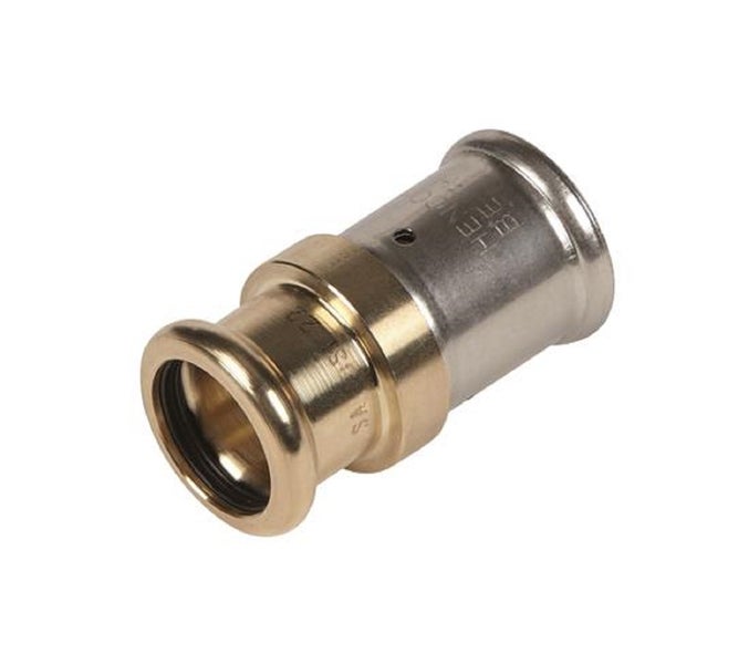 Pressmuffe aus Messing und Edelstahl für Rohrverbindungen in Heizungs- und Sanitärinstallationen.