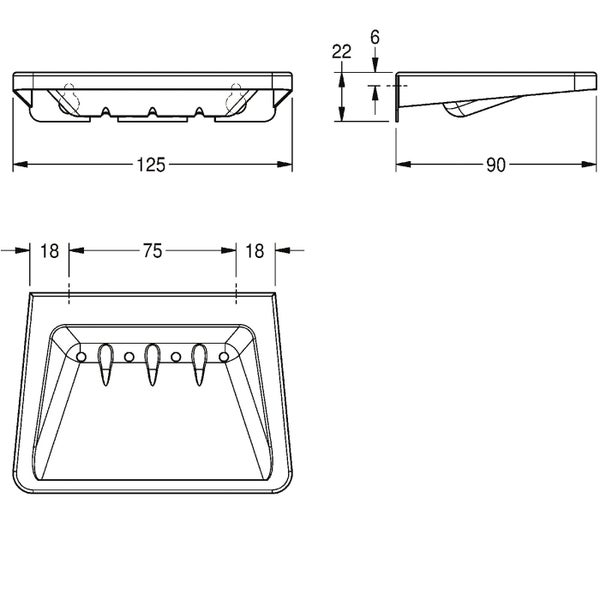 Technische Zeichnung mit Maßangaben für eine Wandhakenleiste mit drei Haken.