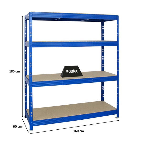 PROREGAL Profi Schwerlastregal Rhino HxBxT 180 x 160 x 60 cm 4 Spanplatten-Ebenen 16mm Fachlast 500 kg Blau