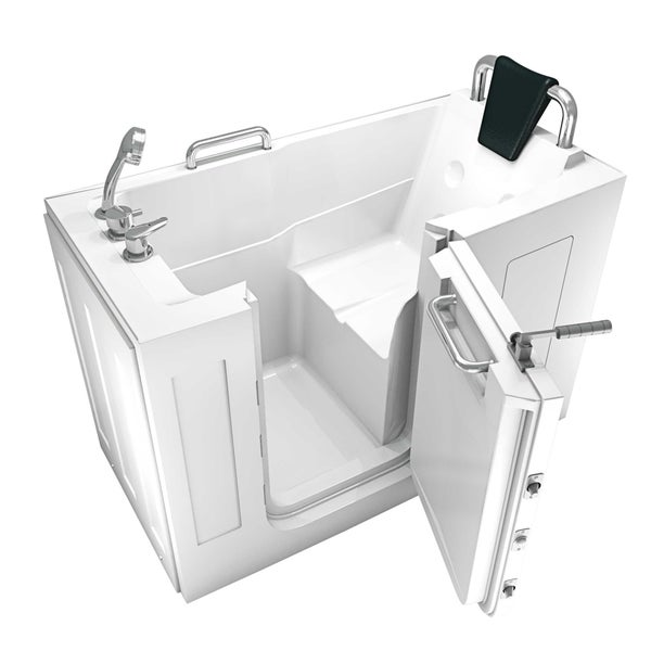 Begehbare Badewanne mit offener Tür, Handbrause und Haltegriffen