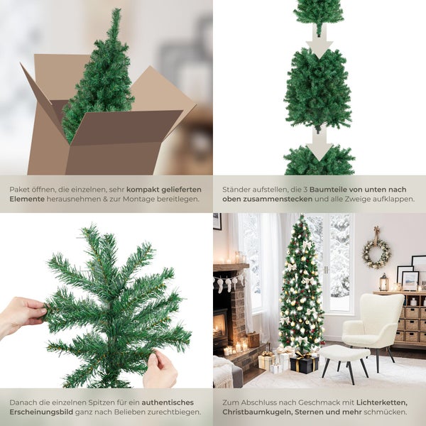 Montageanleitung für einen künstlichen Weihnachtsbaum in vier Schritten: auspacken, zusammenstecken, Zweige biegen und weihnachtlich dekorieren.