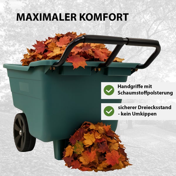 Grüner Gartenwagen aus Kunststoff mit Handgriffen mit Schaumstoffpolsterung und sicherem Dreiecksstand, befüllt mit Laub.