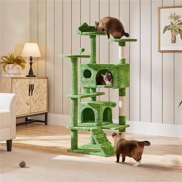 Katzenkratzbaum mit mehreren Ebenen, Höhlen und Katzen