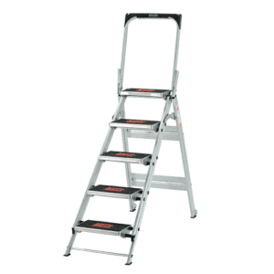 Aluminium-Stufenstehleiter mit 5 Stufen, Sicherheitsbügel und rutschfesten Trittflächen.