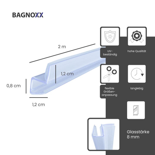 BAGNOXX Logo. Transparente Duschdichtung, 2 Meter Länge, 1,2 Zentimeter Breite. UV-beständig, langlebig, für 8 Millimeter Glas.