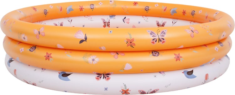 Rundes aufblasbares Planschbecken für Kinder mit drei Ringen und einem Muster aus Schmetterlingen, Blumen und Vögeln.