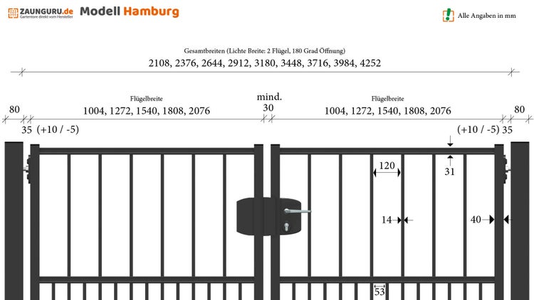 Gartentor ZAUNGURU BASIC-Line Hamburg aus Metall, Höhe: 123cm, Breite: 334cm, 2-flügelig inkl. Pfosten, Schloss und Zubehör, Feuerverzinkt und zusätzlich in RAL 7016 Anthrazitgrau pulverbeschichtet