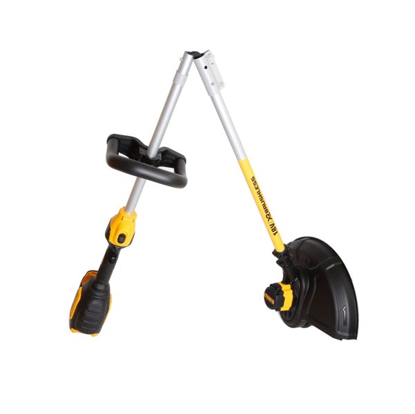 Zusammenklappbarer Akku-Rasentrimmer mit 18 Volt, bürstenlosem Motor, Rundumgriff und Schutzhaube.