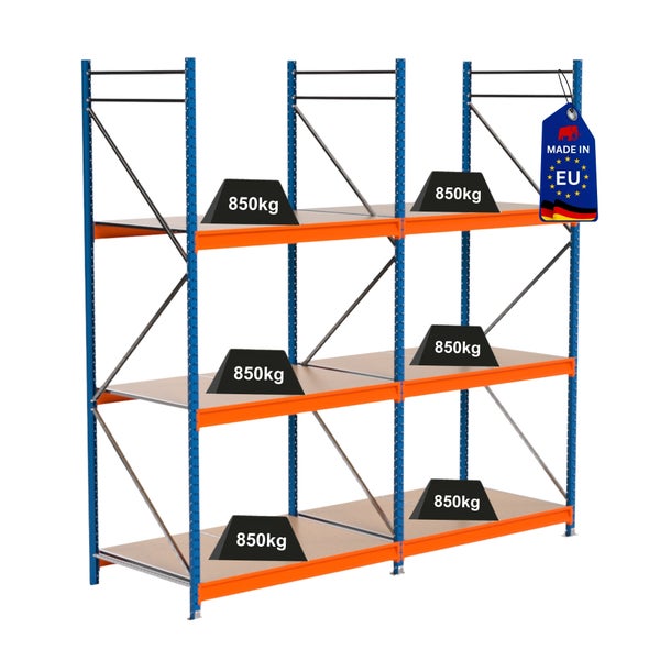 Regal mit drei Ebenen und einer Traglast von 850 Kilogramm pro Ebene sowie einem Made in EU Siegel