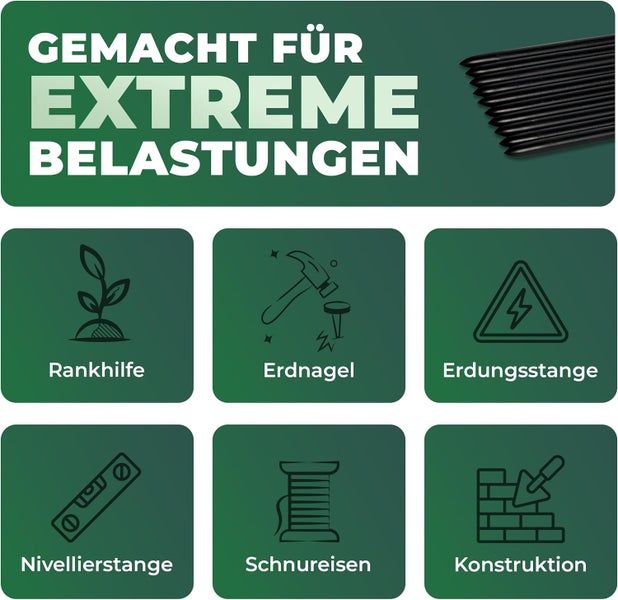 Infografik für extrem belastbare Metallstäbe: Rankhilfe, Erdnagel, Erdungsstange, Nivellierstange, Schnureisen und Konstruktion.
