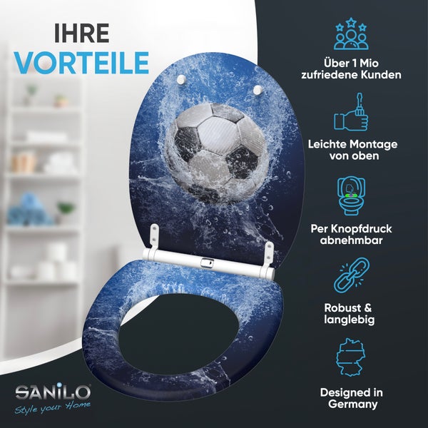 Sanilo WC Sitz mit Fußball Motiv und Spritzwasser Effekt inklusive Montageanleitung und Funktionsvorteilen in einer Übersicht.