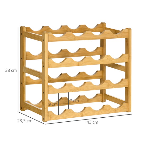 HOMCOM Weinregal Flaschenregal Weinhalter für 16 Flaschen Wasserfestes Standregal Getränkeregal aus Bambus Naturholz 43 x 23,5 x 38 cm