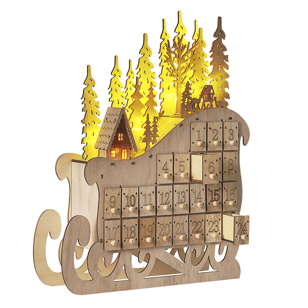 Adventskalender LED Pappelholz hellbraun Schlittenform IMPALA