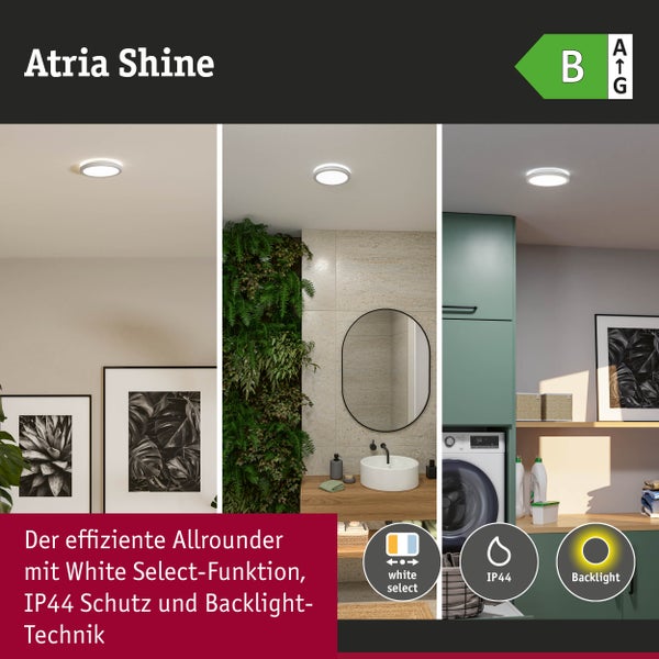 Atria Shine LED-Panel in Wohnzimmer, Bad und Waschküche. Mit White Select, IP44-Spritzwasserschutz, Backlight-Technik und Energieeffizienzklasse B.