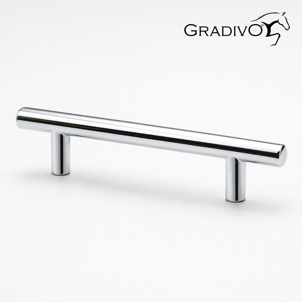 Möbelgriff in T-Form aus verchromtem Metall und Gradivo Logo.