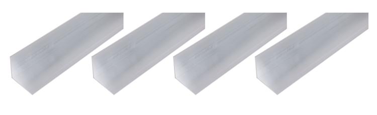 Vier Aluminium Winkelprofile in L-Form zur vielseitigen Verwendung im Handwerk und Heimwerkerbereich.