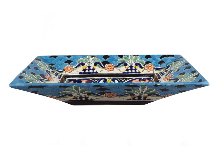 Handbemaltes, eckiges Waschbecken aus Keramik mit floralen Motiven für das Badezimmer