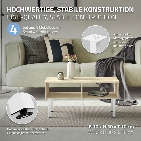 ML-Design 4er Set Tischbeine I-Design 30 cm, Weiß glänzend, aus pulverbeschichtetem Stahl, eckig, Profil 4x4 cm, Höhenverstellbare Möbelfüße 1-4 cm, Möbelbeine für Couchtische, Bänke, Sideboards