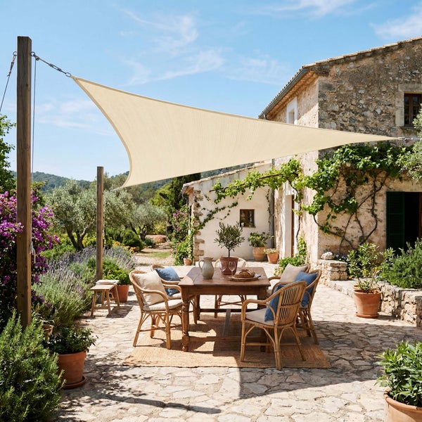 Dreieckiges Sonnensegel über einem Holztisch mit Korbstühlen auf einer sonnigen Steinterrasse im mediterranen Stil.