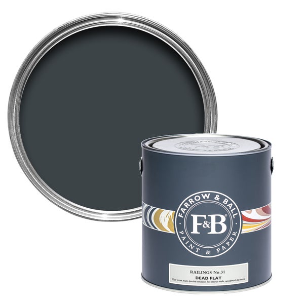 Farbdose mit geöffnetem Deckel, Farrow and Ball Farbe Railings No 31, Dead Flat