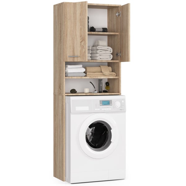 Waschmaschine mit passendem Waschmaschinenschrank in Holzoptik, der zusätzlichen Stauraum bietet