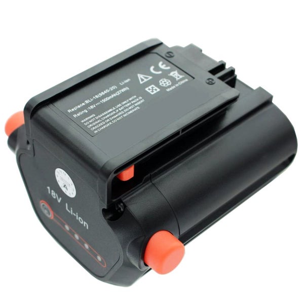 18 Volt Lithium-Ionen Akku für Elektrowerkzeuge, schwarz mit orangefarbenen Knöpfen, 1500 Milliamperestunden.