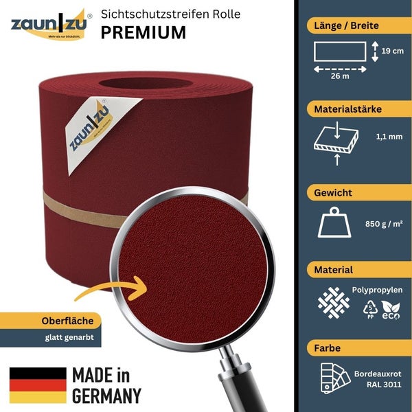 Zaun zu Sichtschutzstreifen Rolle Premium, Länge 26 Meter, Breite 19 Zentimeter, Material Polypropylen, Gewicht 850 Gramm pro Quadratmeter, Materialstärke 1,1 Millimeter, Farbe Bordeauxrot, Oberfläche glatt genarbt, hergestellt in Deutschland