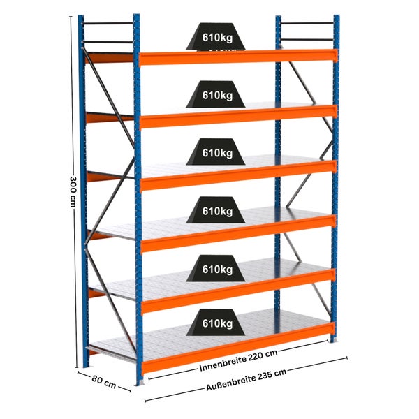 Lagerregal mit sechs Ebenen und Gewichtsangabe