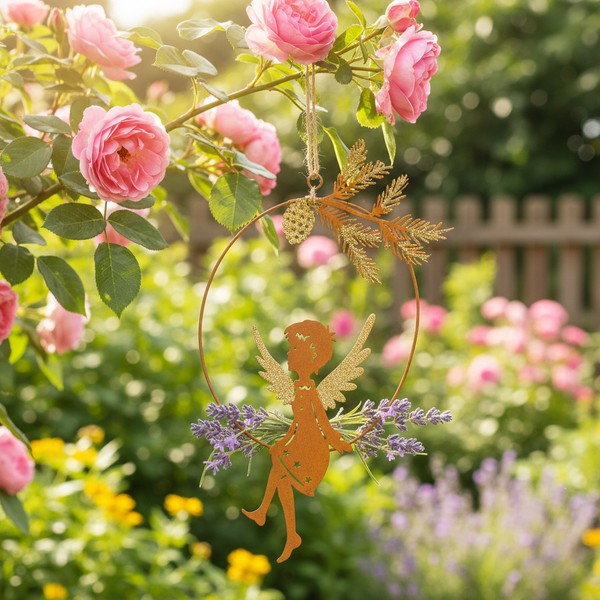 Gartendeko aus Edelrost, Fee in einem Metallring zum Aufhängen, dekoriert mit Lavendel, in einer hellen Gartenanlage mit Rosensträuchern.