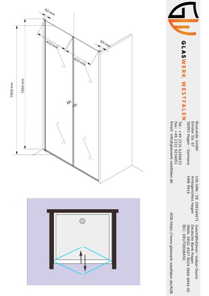 Technische Zeichnung einer Duschkabine mit Maßangaben