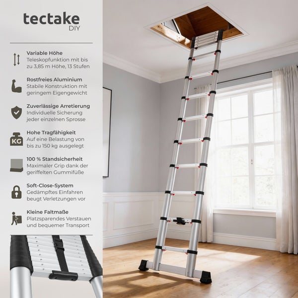 tectake Logo. Aluminium-Teleskopleiter an Dachbodenluke. Höhe bis 3,85 Meter, 150 Kilogramm Tragkraft, Soft-Close-System und kleines Packmaß.