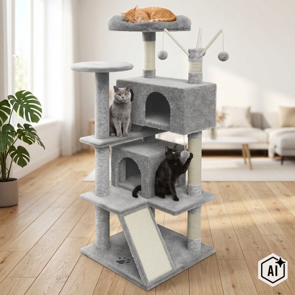 Großer mehrstöckiger Katzenkratzbaum mit zwei Höhlen, Liegeflächen, Spielbällen und Sisalstämmen zum Kratzen in einem hellen Wohnzimmer.
