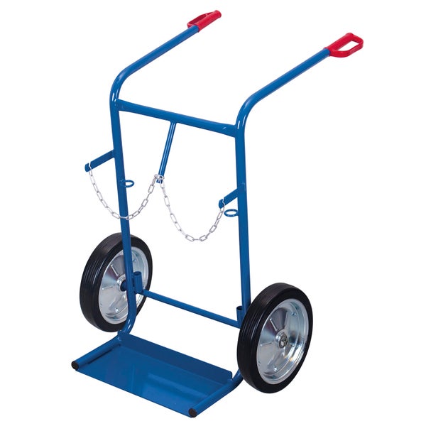 Blaue Gasflaschenkarre aus Stahl mit zwei Rädern, roten Griffen und Sicherungskette für Gasflaschen.