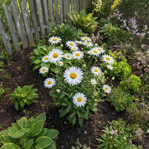 Weiße Margeriten in einem Gartenbeet mit dunkler Erde, umgeben von grünen Stauden und einem hölzernen Gartenzaun.