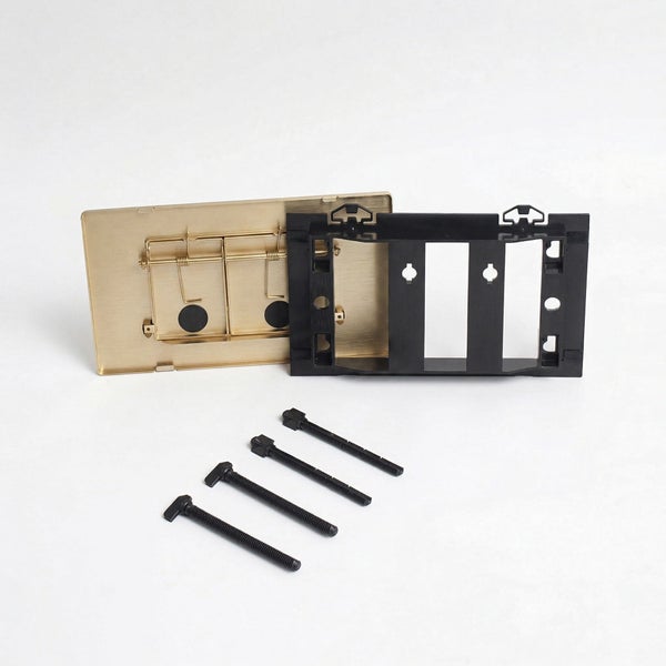 Toiletten-Betätigungsplatte goldfarben mit Montagerahmen und vier Befestigungsbolzen.