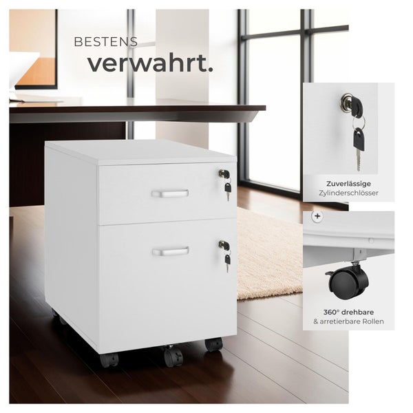 Weißer Rollcontainer mit zwei Schubladen und Zylinderschlössern für Büromöbel