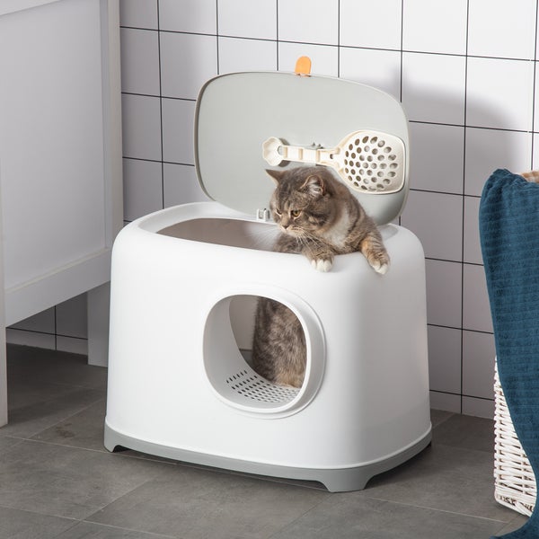 PawHut Katzentoilette, 55L x 40B x 39H cm, kunststoff, Weiß+Hellgrau
