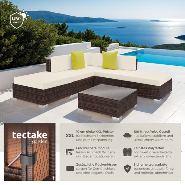 Gartensitzgruppe aus Polyrattan mit Tisch und UV-Schutz