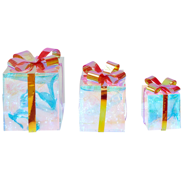 Drei dekorative Geschenkboxen mit Schleife