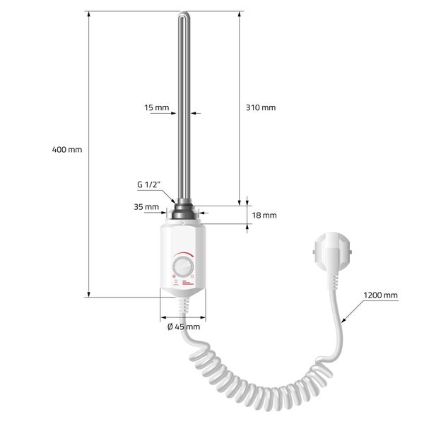 ECD Germany Heizstab 600W Weiß für Badheizkörper, Heizpatrone mit Thermostat für Heizkörper, Elektronischer Temperaturregler, Heizelement mit Stecker, Elektroheizstab für Heizungen & Handtuchtrockner