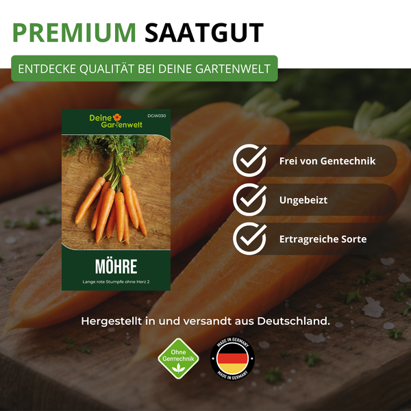 Deine Gartenwelt Logo. Premium Saatgut Möhre Lange rote Stumpfe ohne Herz 2. Frei von Gentechnik, ungebeizt, ertragreich. Hergestellt in Deutschland.