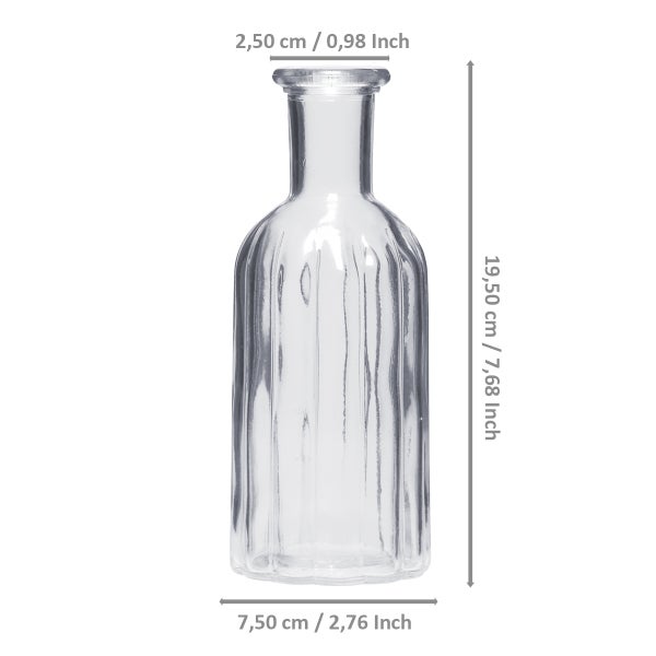 Transparente geriffelte Glasflasche mit Abmessungen: Höhe 19,5 Zentimeter, Durchmesser 7,5 Zentimeter, Öffnung 2,5 Zentimeter.