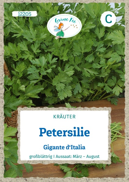Petersilie Gigante d'Italia Samentüte von Grüne Fee, großblättrig, Aussaat März bis August, Preisgruppe C, Grüne Fee Logo.